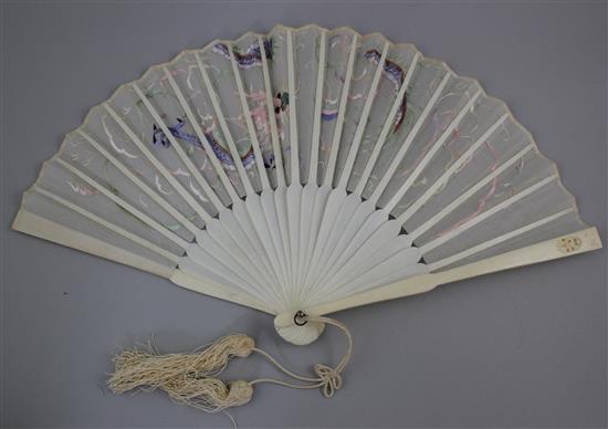 Two Chinese cased fans, 19th century, 20.5cm, both with gilt decorated black lacquer boxes